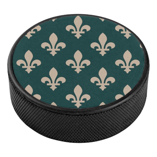 Fleur de Lis Pattern, Royal French Cream on Green Hockey Puck (3/4)