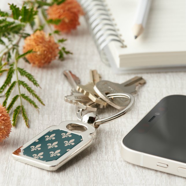 Fleur de Lis Pattern, Royal French Cream on Green Keychain (Side)