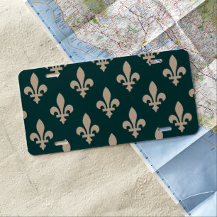 Fleur de Lis Pattern, Royal French Cream on Green License Plate