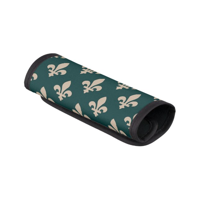 Fleur de Lis Pattern, Royal French Cream on Green Luggage Handle Wrap (Angled)