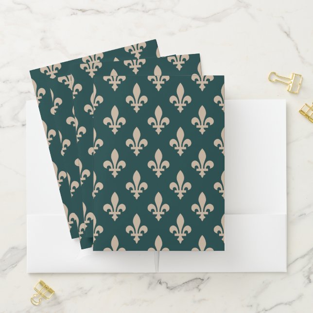 Fleur de Lis Pattern, Royal French Cream on Green Pocket Folder (In Situ)
