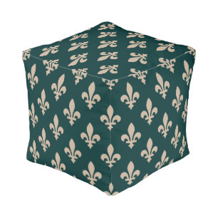 Fleur de Lis Pattern, Royal French Cream on Green Pouf