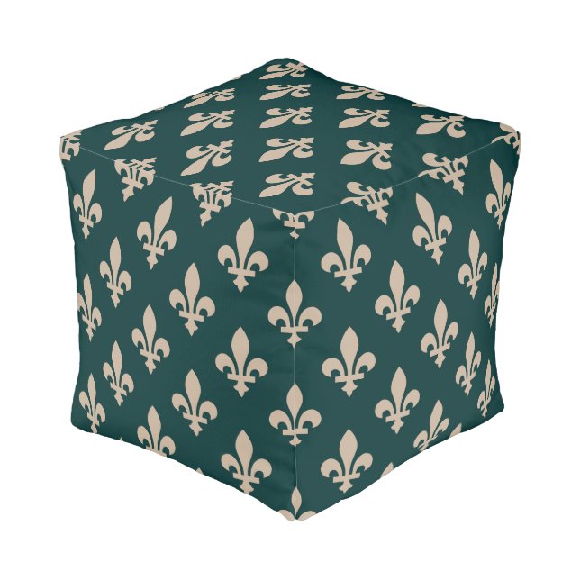 Fleur de Lis Pattern, Royal French Cream on Green Pouf (Angled Back)