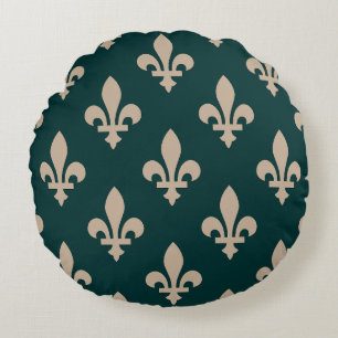 Fleur de Lis Pattern, Royal French Cream on Green Round Pillow