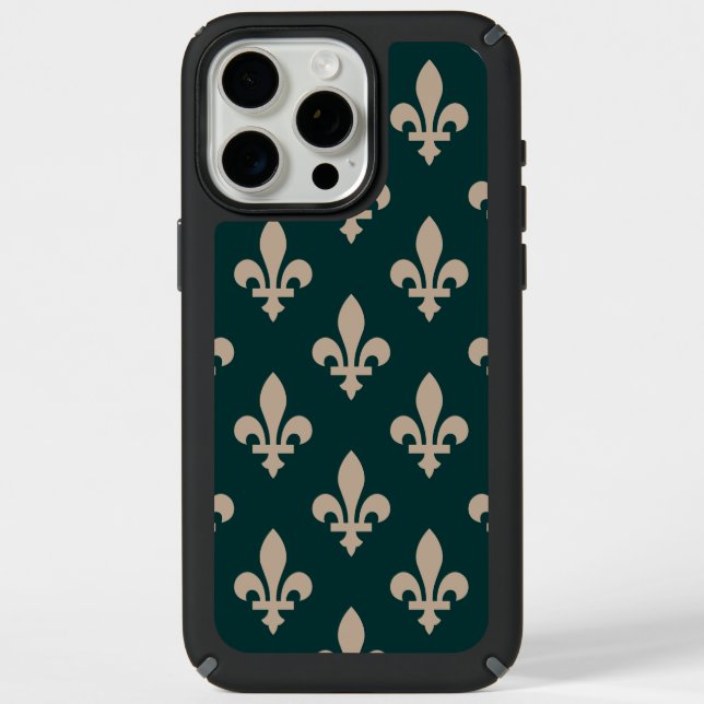 Fleur de Lis Pattern, Royal French Cream on Green Speck iPhone Case (Front)