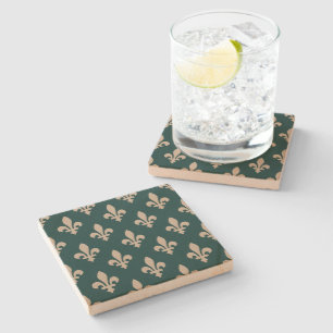 Fleur de Lis Pattern, Royal French Cream on Green Stone Coaster