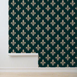 Fleur de Lis Pattern, Royal French Cream on Green Wallpaper