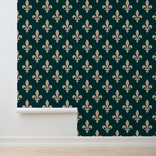 Fleur de Lis Pattern, Royal French Cream on Green Wallpaper (Application)