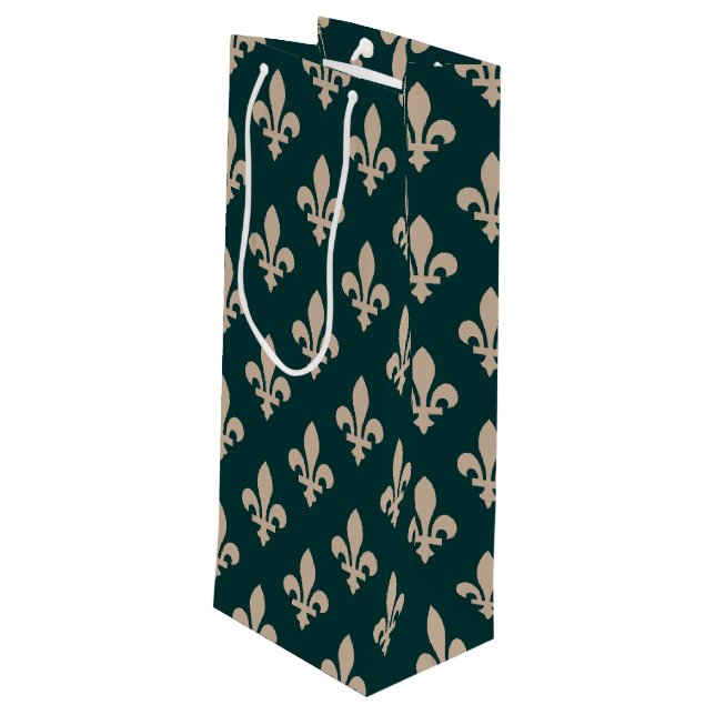 Fleur de Lis Pattern, Royal French Cream on Green Wine Gift Bag (Back Angled)