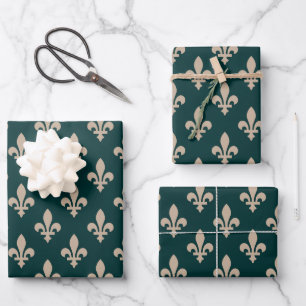 Fleur de Lis Pattern, Royal French Cream on Green Wrapping Paper Sheets