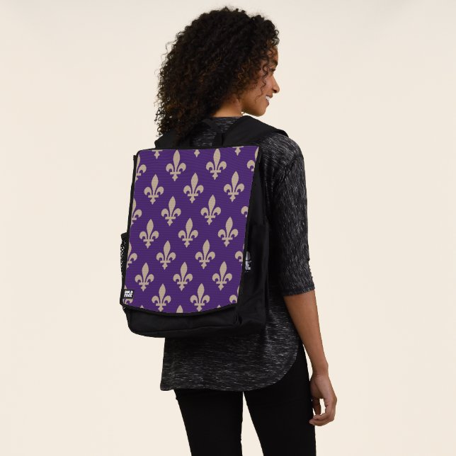 Fleur de Lis Pattern, Royal French Cream on Purple Backpack (Worn)