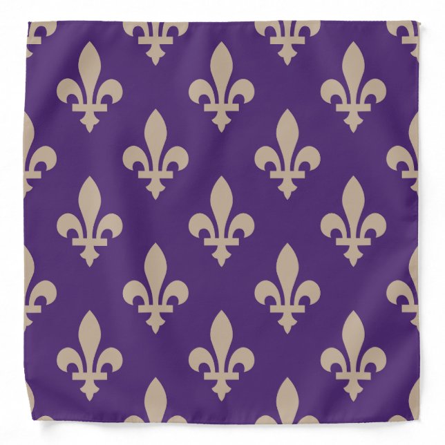 Fleur de Lis Pattern, Royal French Cream on Purple Bandana (Front)