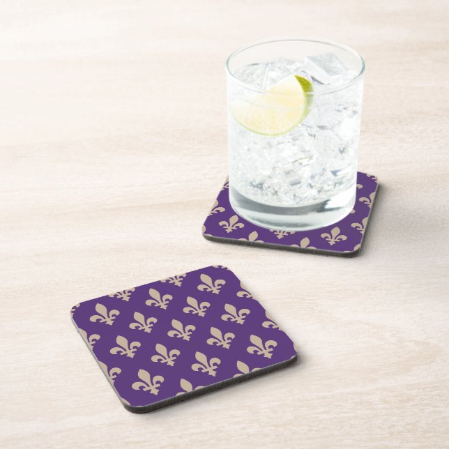 Fleur de Lis Pattern, Royal French Cream on Purple Beverage Coaster (Right Side)