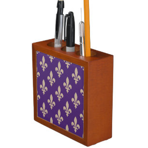 Fleur de Lis Pattern, Royal French Cream on Purple Desk Organizer
