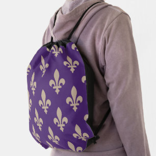 Fleur de Lis Pattern, Royal French Cream on Purple Drawstring Bag
