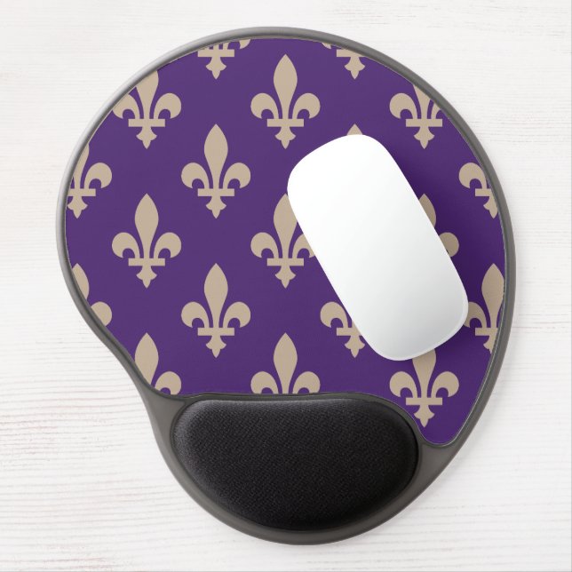 Fleur de Lis Pattern, Royal French Cream on Purple Gel Mouse Pad (Left Side)