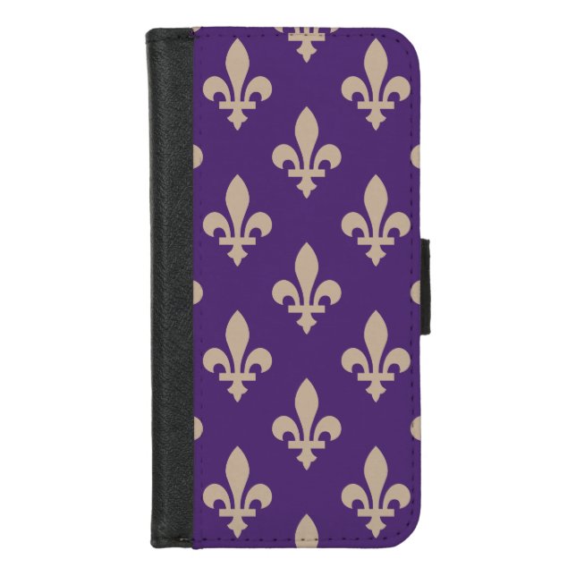Fleur de Lis Pattern, Royal French Cream on Purple iPhone Wallet Case (Front)