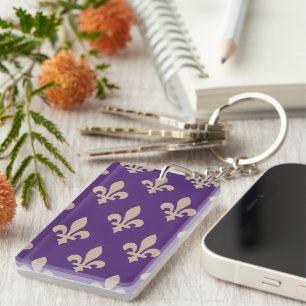 Fleur de Lis Pattern, Royal French Cream on Purple Keychain