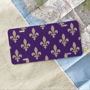 Fleur de Lis Pattern, Royal French Cream on Purple License Plate