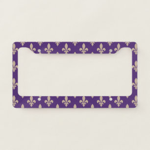 Fleur de Lis Pattern, Royal French Cream on Purple License Plate Frame