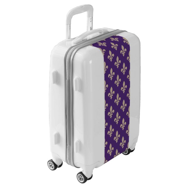 Fleur de Lis Pattern, Royal French Cream on Purple Luggage (Rotated Left)