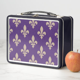 Fleur de Lis Pattern, Royal French Cream on Purple Metal Lunch Box