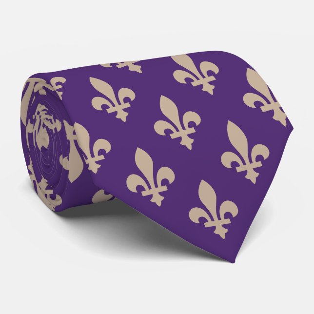 Fleur de Lis Pattern, Royal French Cream on Purple Neck Tie (Rolled)