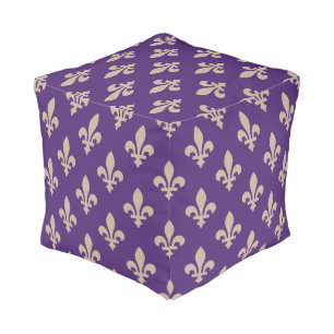 Fleur de Lis Pattern, Royal French Cream on Purple Pouf