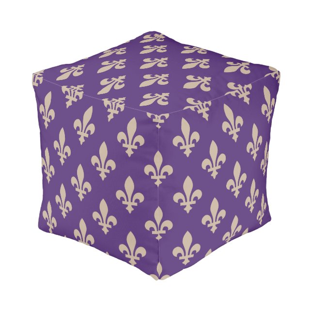Fleur de Lis Pattern, Royal French Cream on Purple Pouf (Angled Back)