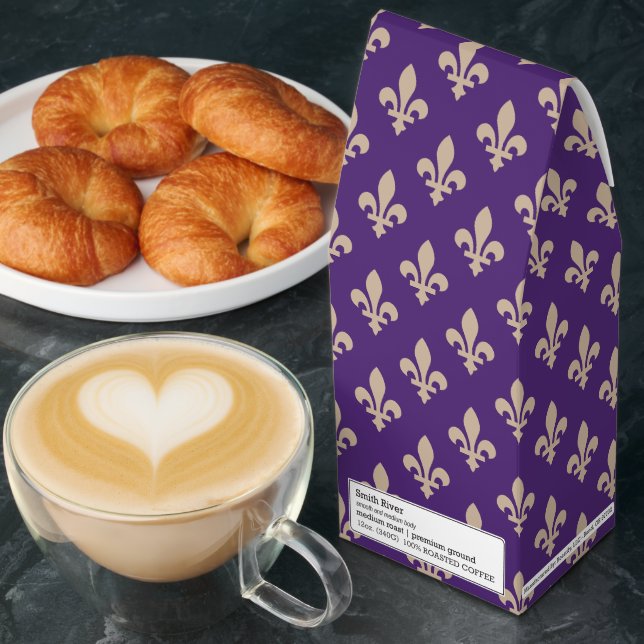 Fleur de Lis Pattern, Royal French Cream on Purple Roasted Coffee (Breakfast)