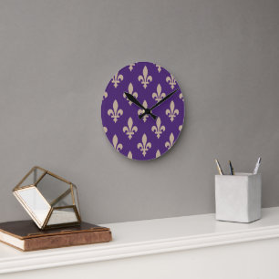 Fleur de Lis Pattern, Royal French Cream on Purple Round Clock