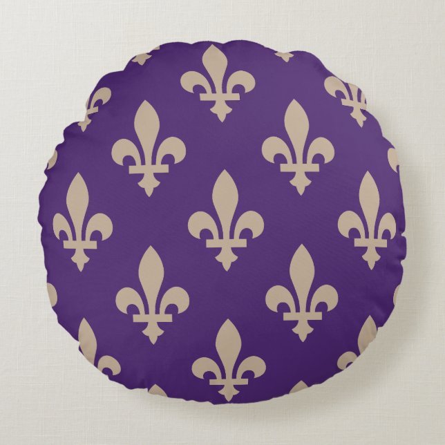 Fleur de Lis Pattern, Royal French Cream on Purple Round Pillow (Front)