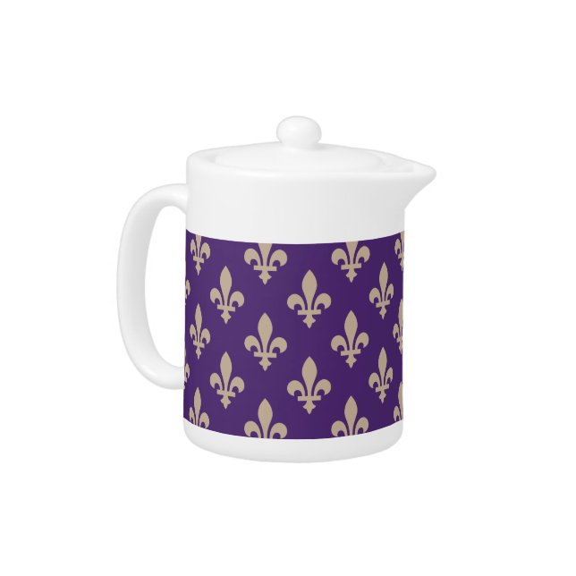 Fleur de Lis Pattern, Royal French Cream on Purple Teapot (Left)