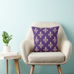 Fleur de Lis Pattern, Royal French Cream on Purple Throw Pillow