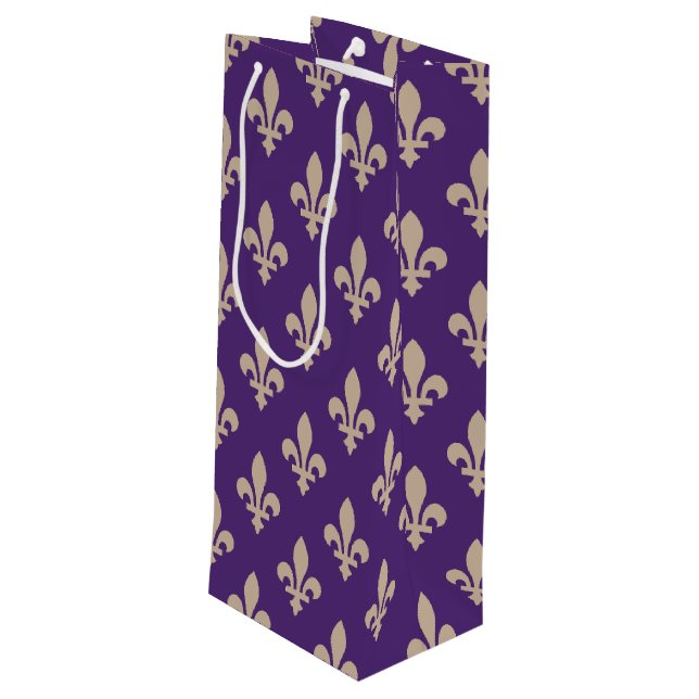 Fleur de Lis Pattern, Royal French Cream on Purple Wine Gift Bag (Back Angled)