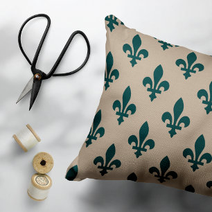 Fleur de Lis Pattern, Royal French Green on Cream Accent Pillow
