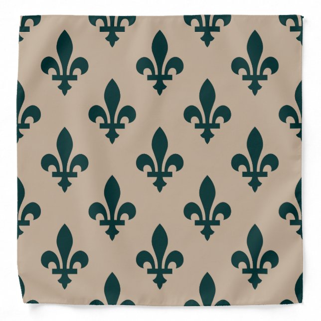 Fleur de Lis Pattern, Royal French Green on Cream Bandana (Front)