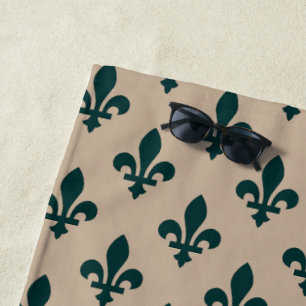 Fleur de Lis Pattern, Royal French Green on Cream Beach Towel