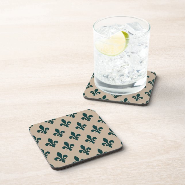 Fleur de Lis Pattern, Royal French Green on Cream Beverage Coaster (Right Side)