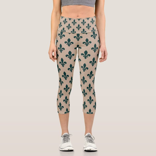 Fleur de Lis Pattern, Royal French Green on Cream Capri Leggings (Front)