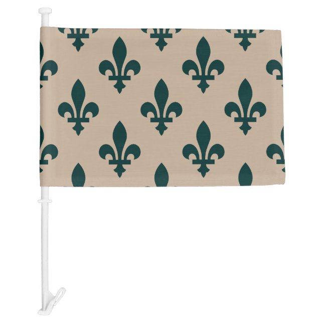 Fleur de Lis Pattern, Royal French Green on Cream Car Flag (Front)