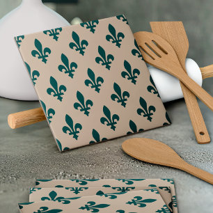 Fleur de Lis Pattern, Royal French Green on Cream Ceramic Tile