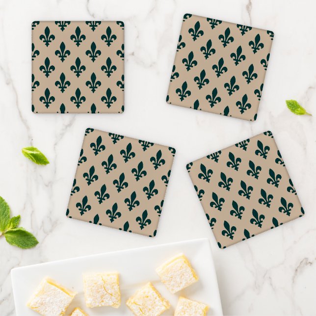 Fleur de Lis Pattern, Royal French Green on Cream Coaster Set (In Situ)