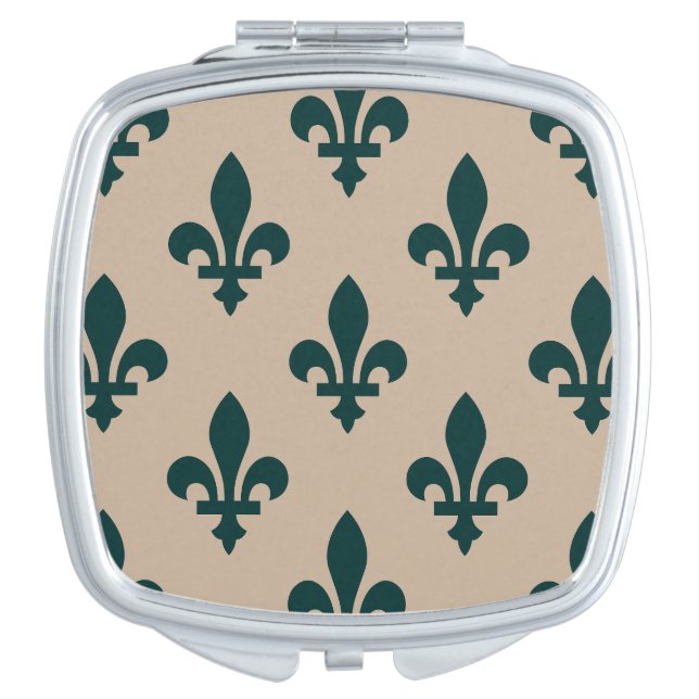Fleur de Lis Pattern, Royal French Green on Cream Compact Mirror (Front)