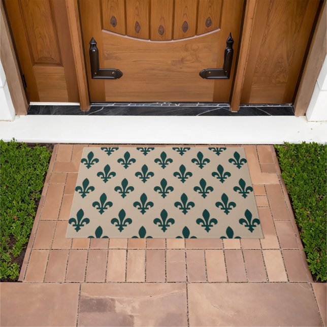 Fleur de Lis Pattern, Royal French Green on Cream Doormat (Outdoor)
