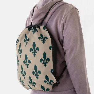 Fleur de Lis Pattern, Royal French Green on Cream Drawstring Bag