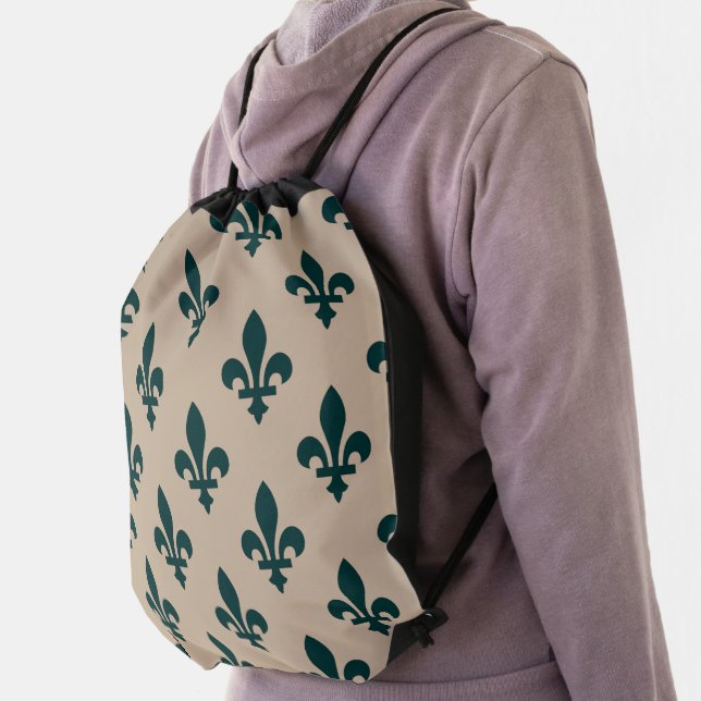 Fleur de Lis Pattern, Royal French Green on Cream Drawstring Bag (Insitu)