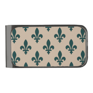 Fleur de Lis Pattern, Royal French Green on Cream Gunmetal Finish Money Clip