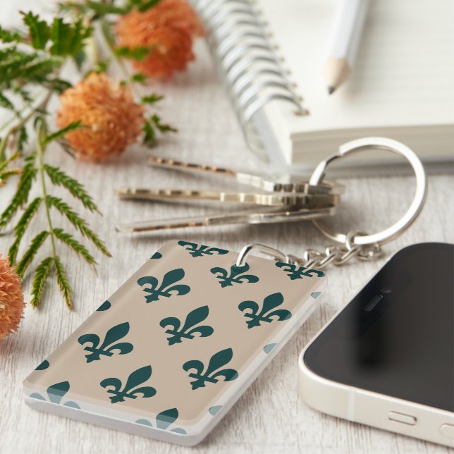 Fleur de Lis Pattern, Royal French Green on Cream Keychain (Front Right)