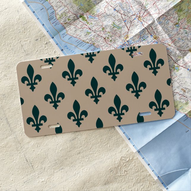 Fleur de Lis Pattern, Royal French Green on Cream License Plate (In Situ)
